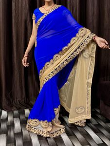 Beautiful Royal Blue Saree with Gold Lace