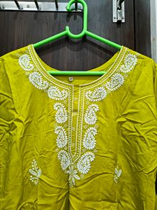 Chickenkari Work Lime Green Short Kurti XL Size