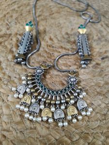 Silver Replica Long Pendant Set With Green Stones