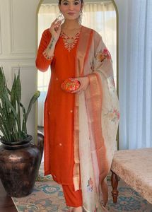 Embroidered Straight Kurta With Trouser & Dupatta
