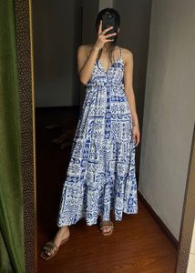 Blue-White Pattern Strappy Maxi Dress