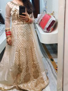 Off White Golden Art Silk Wedding Gown