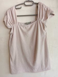 Cute Pink Puff Sleeve Ribbed Top