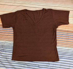 Brown V-Neck Short Sleeve Top