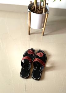 Black Jaipuri Kolhapuri Chappals with Red Block Pr