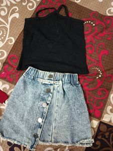 Branded Sleeveless Top And Denim Skirt Set