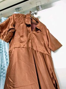 Collared Brown Satin Long Gown