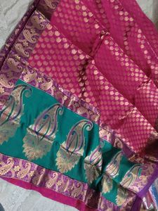 Banarasi Organza Saree With Running Blouse,. Pink Body,,, Green Pallu,, And Purple Border