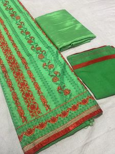 Green Colour Red Contrast Thread Work Full Fron