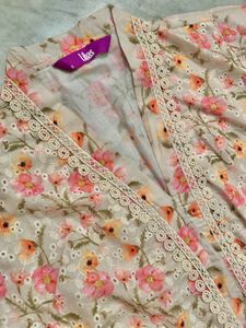 Libas Beige Floral Lace Details Kurta With Palazzo