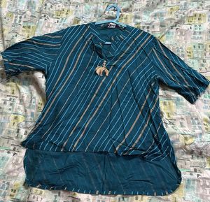 Teal Green With Stripped  Half Sleeve Short Kurta