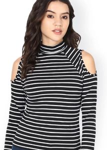 Black &amp; White Striped Cold-Shoulder High Neck Top