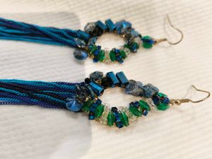 Beaded Earrings with Blue Chain Tassels