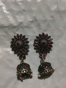Antique Earrings With Red And Green Stones