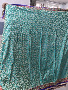 Teal And Red Embellished Saree