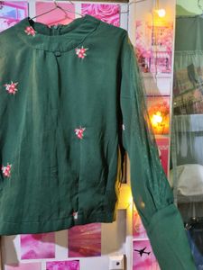 Green Floral Turtle Neck Embroidered Top