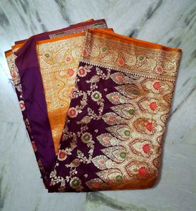 Wine &amp; Orange Banarasi Saree
