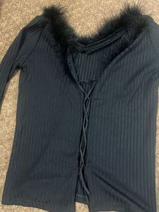 Furry Trim Long Sleeve Top