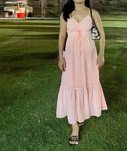 Peach Gingham Maxi Dress