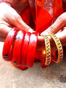 Red Bangle Set 2 pair Golden bangel  1pair
