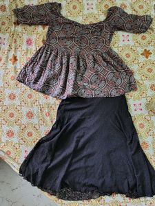 Cotton Kalamkari Peplum Top With Lace Skirt
