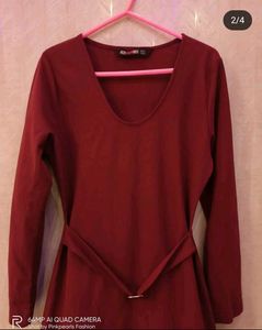 A Burgundy Belted Western Dress by HERSHEINBOX