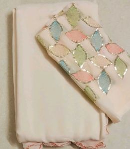 beautiful cream colour plan saree and designer blo