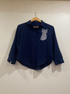 Navy Blue Crop Type Shirt With Cute Cat Print