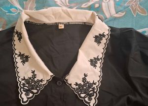 Black Blouse with Embroidered Collar