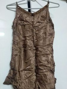 Stunning Brown Satin Inner & Cotton Shirt Set