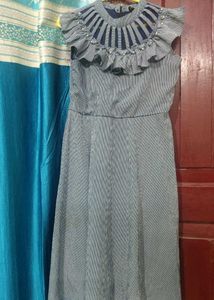 Gray Ruffle Neck Fit & Flare Dress
