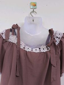 Peach Off-Shoulder Top with Lace Trim