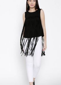 Pepe Jeans Black Solid Fringed Top
