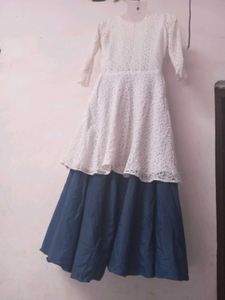 White &amp; Blue Gown With Plazo