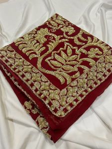 Elegant Embroidered Red Saree without blouse