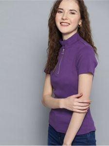 Mast &amp; Harbour Women Purple SolidHigh Neck T-shirt