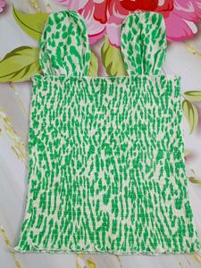 (566)Green Print Smocked Tube Top
