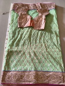Parrot Green And Off White Sari With Stitch Blouse