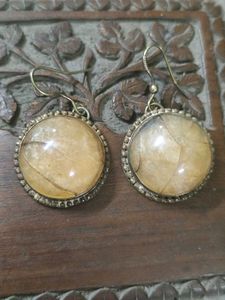 Vintage Pure Brass Natural Stone Earrings