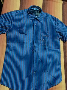 Mufti Men Blue Striped Cotton Casual Shirt