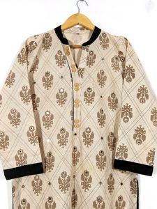 Cream And Brown Printed Collar Neck Kurti (Women)