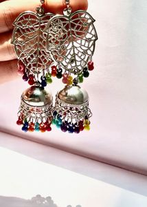 Boho Leaf Jhumka Earrings – Multicolor Beads🌈✨