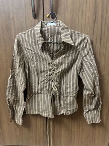 Striped Brown Blouse with Tie Detail