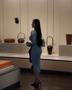 light blue solid ribbed knitted sweater Midi dress