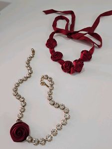 ZARA Red Rose Ribbon &amp; Rhinestone Necklace