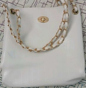White Tote Bag with Gold Chain
