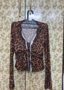 Leopard Print Mesh Tie Top