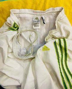 Adidas White &amp; Green Striped Shorts