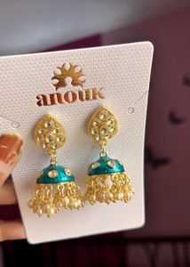 Beautiful Teal Blue & Gold Enamelled Earrings