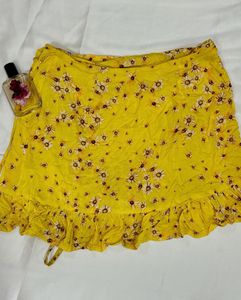 Yellow Floral Print Wrap Skirt